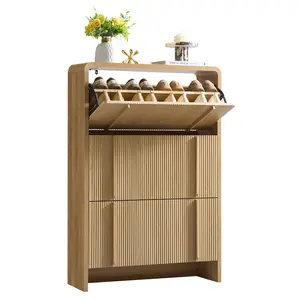 [Summervibes] AMERLIFE Shoe Cabinet with 3 Flip Drawers, Fluted Shoe Organizer with Adjustable Shelf for Space-Saving, Freestanding Shoe Storage Rack for Entryway, Hallway
