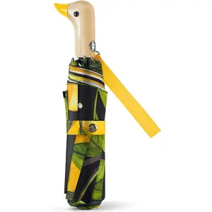 Cute Duck Umbrella Automatic - Compact Pretty Pocket Size  Duck Collapsible Umbrella Yellow Wooden Handle for Women