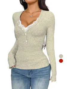 Women's V Neck Lace Patchwork T-Shirt, Long Sleeve, Velvet Fabric, Soft, Fall & Winter Chic Fashion Top, Y2K Christmas Valentine New Year Essential