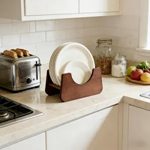 Paper Plate Dispenser Wood Foam Plate Storage Organizer Fits 7-10 Inch Disposable Plates, Paper Plate Holder for Kitchen Countertop and Outdoor Use
