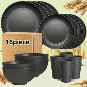16 Piece Black/White Kitchen Plastic Wheatgrass Cutlery SetLarge Size Sturdy Modern Cutlery Set - DinnerPlates/Dessert Plates/Cereal Bowls/Cups Dishwasher andMicrowave Safe Lightweight Cutlery Tableware Perfect forCamping and Everyday Dinnerware Set