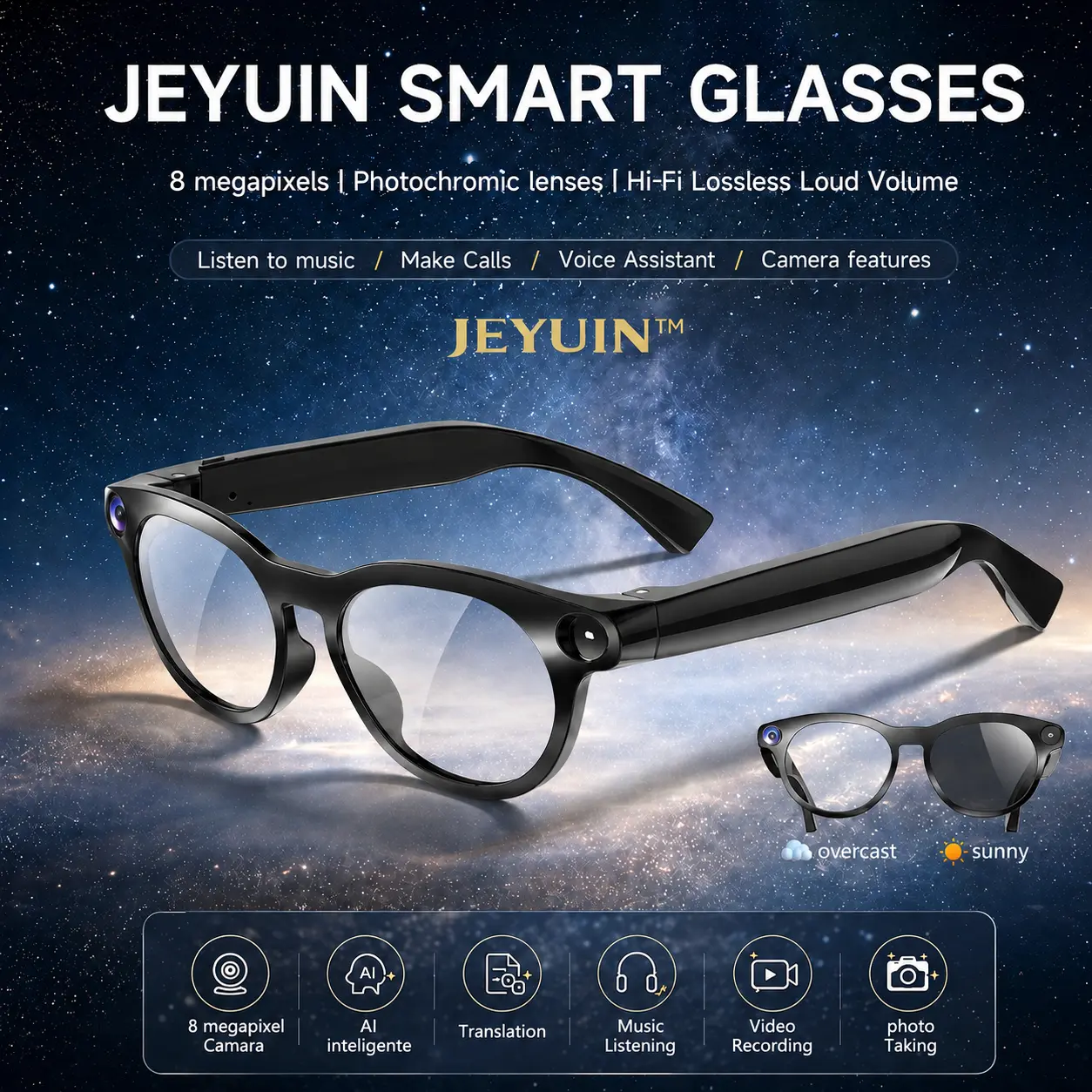 JEYUIN AI Smart Camera Glasses with Photochromic Lenses, Bluetooth Audio, Hands-Free Recording, Photo Capture, Translation, Voice Assistant, WiFi, iPhone/Android Compatible, Vlogging Gadget for Travel, Hiking, Everyday Use & Tech Gifts Wearable