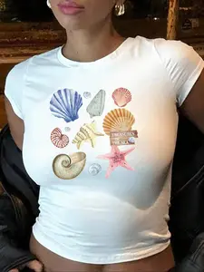 Women's Sea Life Print Round Neck Tee, Casual Starfish & Shell Print Short Sleeve T-shirt for Daily Wear, Ladies Clothes for All Seasons