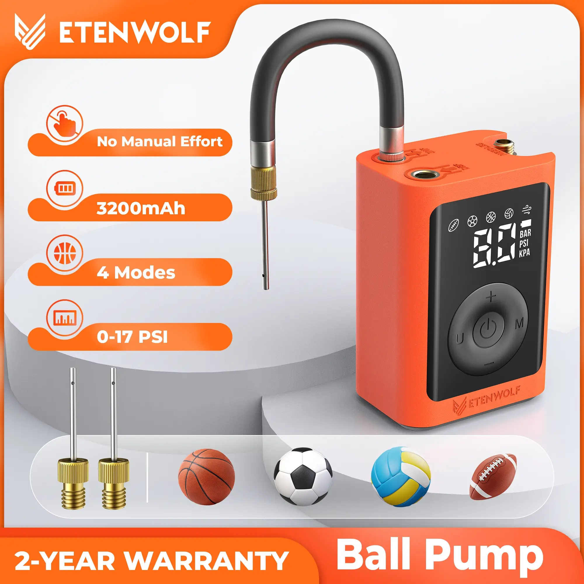 Etenwolf Quiet Basketball Air Pump, 3200mAh Electric Ball Pump with Auto Stop & Deflate, ±0.3 PSI Gauge for Soccer/Volleyballs – P300 Plus (Vivid Oran