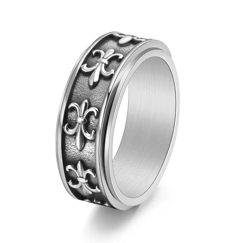 Vintage Fleur-de-Lis Spinner Ring for Men & Women, Silver-Tone Steel Rotating Wide Band Ring, Gothic Textured Interactive Fashion Jewelry