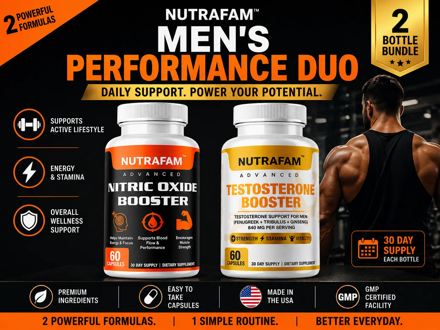 NUTRAFAM Daily Vitality & Active Lifestyle Support (2-Bottle Bundle)  Nitirc Oxide and fenugreek
