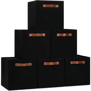 Storage Bins, Cube Storage Bin with Leather Handles for Shelves, Collapsible Storage Bins for Bedroom, Storage Bins 11x11, Decorative Storage Bins for Closet Storage(Black,6 Pack)
