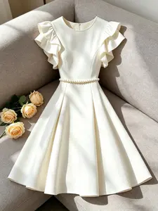 Elegant Feminine Sleeveless Short Dress with Bow Design, Fitted Waist Pearl Belt, A-Line Skirt, Perfect for Daily Wear and Dates