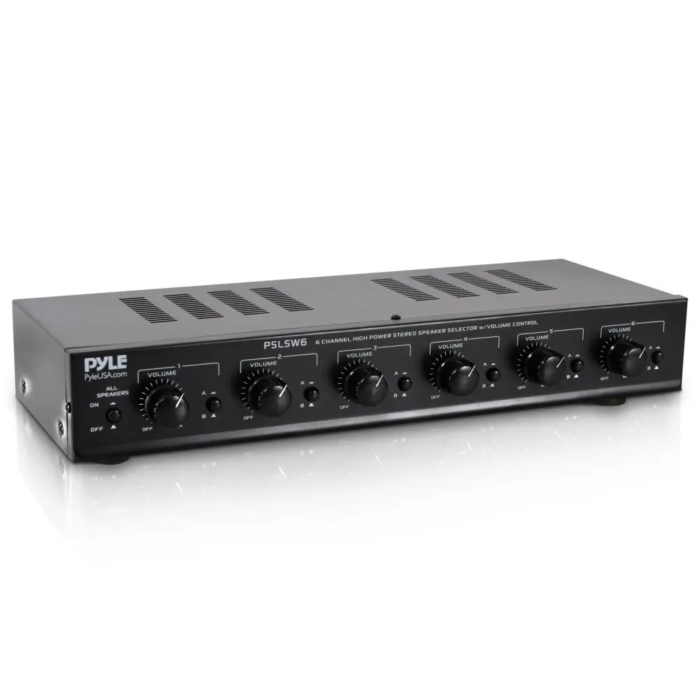 6-Channel Electronic Audio Speaker Selector Switch - Multi-Zone Control, 100W, Compact Design, Stereo Amplifier Compatible, Button-Operated, Cable-Ready, Receiver Support, Connector Included, Overload Protection