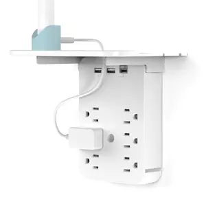 Deals-Wall Socket with Surge Protector Extender, 6 AC Power Supply Socket, Shelf, 2 USB and USB-C Charging Ports-Home & for Dormitory Plug Extender