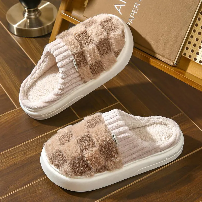 Checkered Fluffy Warm Home Cotton Slippers - Plaid Design, Soft Sole, Cozy Indoor Footwear for Winter and Fall Seasons - Girl, Women Parent Slide Stylish