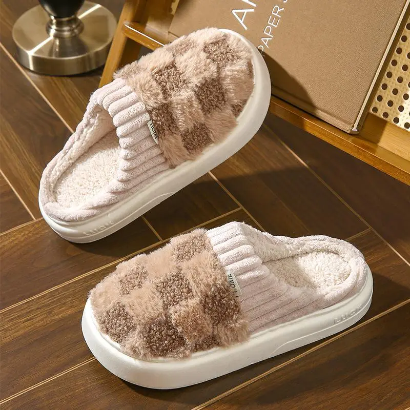 Checkered Fluffy Warm Home Cotton Slippers - Plaid Design, Soft Sole, Cozy Indoor Footwear for Winter and Fall Seasons - Girl, Women Parent Slide Styl