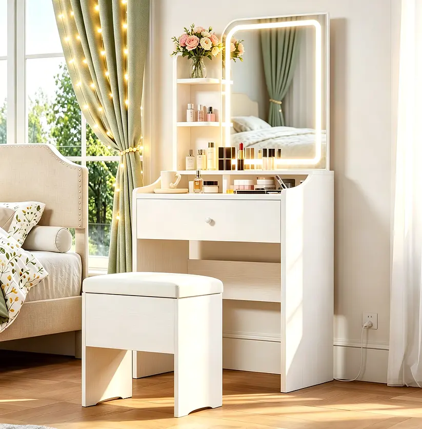 LIKIMIO Small White Modern Makeup Vanity Desk Set - Indoor Furniture with Lights, Desktop Dressing Table, Storage Drawer, Chair, 3 Shelves for Bedroom Beauty Organization, Vanity With Lights