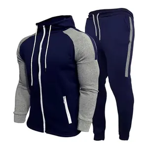 Men's Navy Blue & Gray Colorblock Hoodie and Sweatpants Set with Zipper Pockets and Drawstring Waist