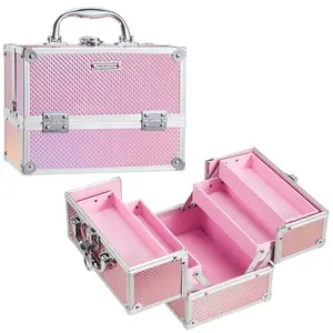 Makeup Train Case 8.85 Inch Portable Makeup Case Organizer Cosmetic Box Make Up Box Makeup Organizer Cosmetic Storage Cases with Locking Nail Kit Organizer Small Travel Case Mermaid Pink