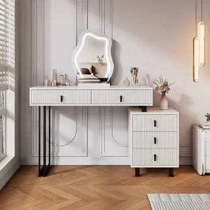 Adjustable-Length Modern Vanity with Cloud LED Mirror & Ribbed Texture Design, Makeup Table with Drawers & Side Storage Cabinet for Bedroom & Small Spaces