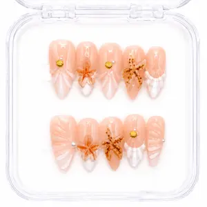 Sea Star — Coastal Almond Press-On Nails with 3D Starfish & Seashell Charms