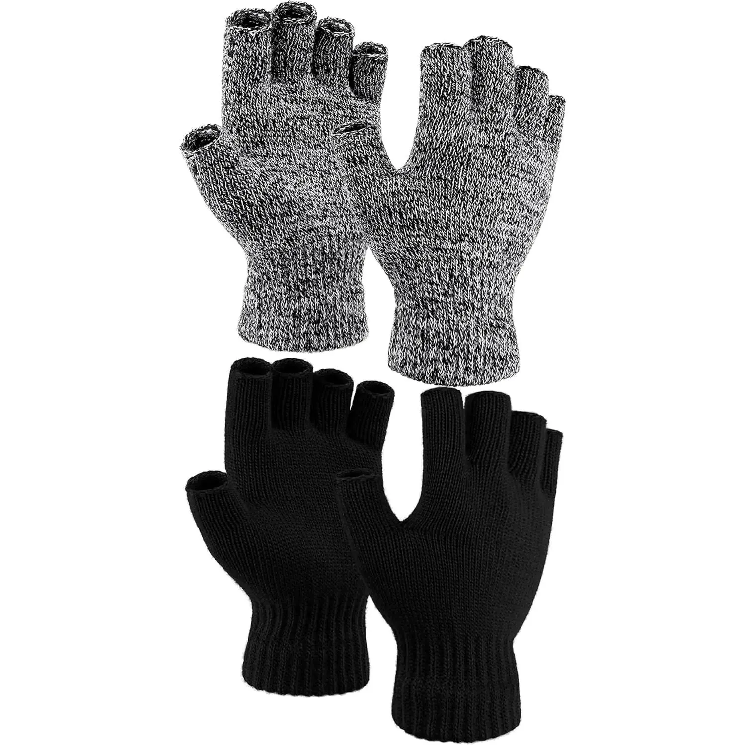 Thick Knitted Cashmere Gloves, 2 Pairs Black Fingerless Winter Hand Warmers for Men and Women, Black Gloves