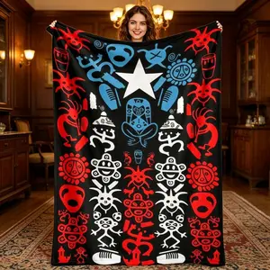 Puerto Rican Flag Inspired Tribal Symbol Art Flannel Blanket - Soft Warm Lightweight Throw for Sofa, Bedroom, Office, Travel & Gifting