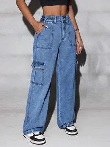 Women's Petite Height All-Season Loose-Fit Elegant Chic Casual Streetwear Denim Jean Wide-Leg Pants, Sexy Commuter Versatile Y2K Style Pocket