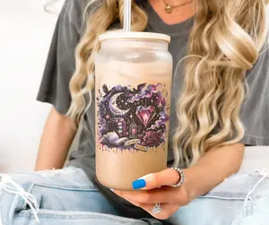 Dark Fantasy Late Night Reading Celestial Glass Cup with Lid and Straw 16 oz, Bookish Themed Iced Coffee Cup, Fantasy Book Glass Tumbler, Bookworm Stylish Mug Drinkware