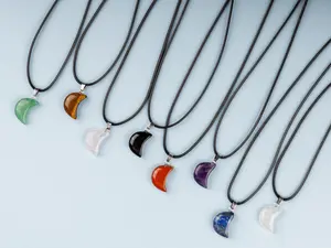 Moon Pendant Crystal Necklace with 18" Black Cord, Natural Healing Crystal Jewelry Gift, Amethyst, Rose Quartz, Lapis Lazuli, Red Jasper