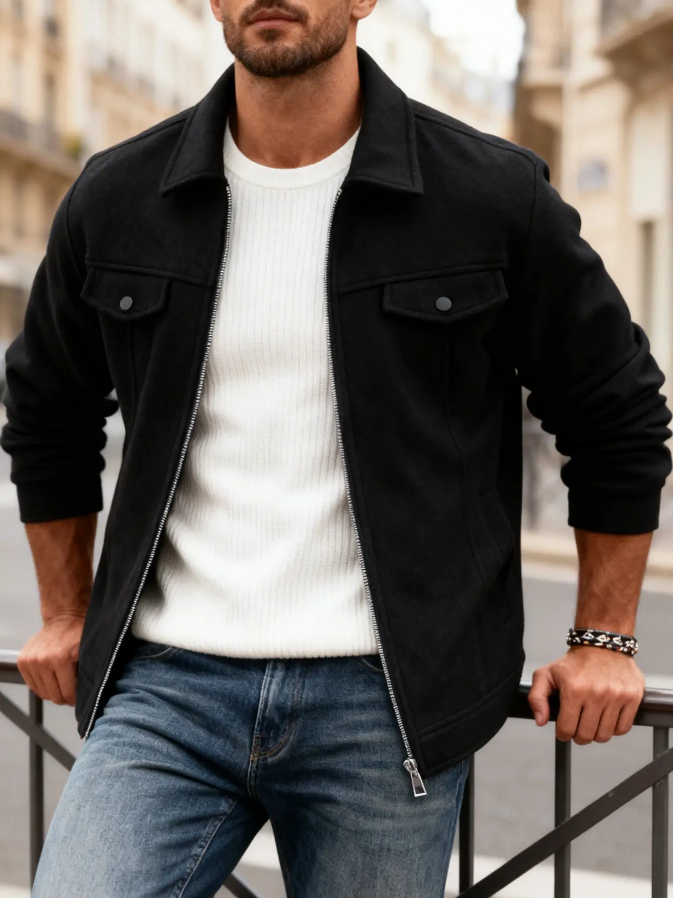 Men's casual workwear fitted jacket with zipper closure and multiple pocket decorations, Collared zipper jacket, light business collar jacket with woolen fabric, long sleeves, suitable for daily, work travel, formal wear - Spring and Autumn Coats