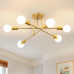 Modern Sputnik chandelier, 6-lamp gold industrial metal semi-recessed ceiling light, (without bulbs) E26 base Sputnik ceiling light, suitable for dining room, living room, kitchen, bedroom