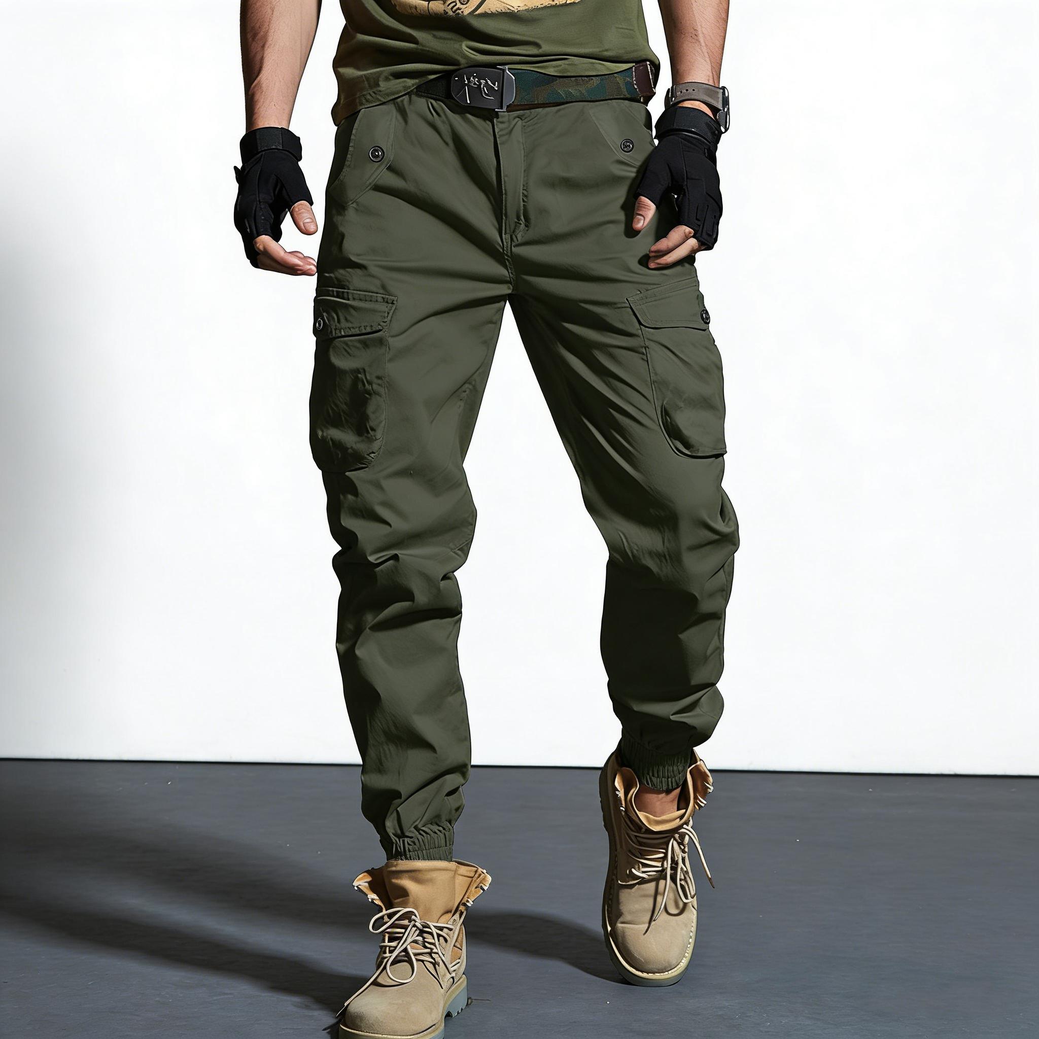 Two-pack: woven plain fabric and solid-color men’s cargo pants featuring an elastic waistband with drawstring, a loose straight tapered fit, multiple pockets including large pockets—ideal for everyday casual wear and work, perfect for cargo outfits and ou