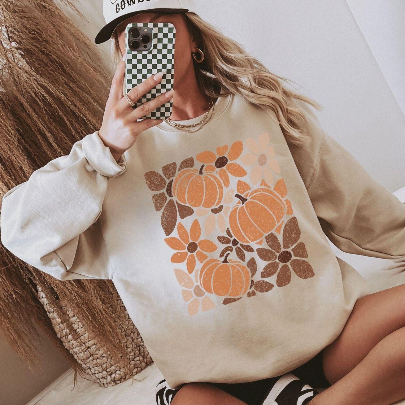 Floral Pumpkin Sweatshirt, Retro Fall Season Shirt, Boho Autumn Crewneck Sweater, Cute Pumpkin Vibes Graphic Tee, Halloween Party Spooky Season Outfit, Cozy Pumpkin Patch Fall Apparel, Autumn Aesthetic Top, Cute Fall Gift for Women & Men