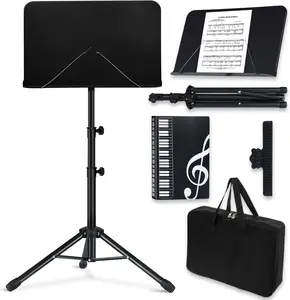 Sheet Music Stand,5 in 1 Dual-Use Folding Sheet Music Stand & Desktop Book Stand with Portable Carrying Bag & Music Sheet Clip Holder & Sheet Music Book(Black) (AS-M55)