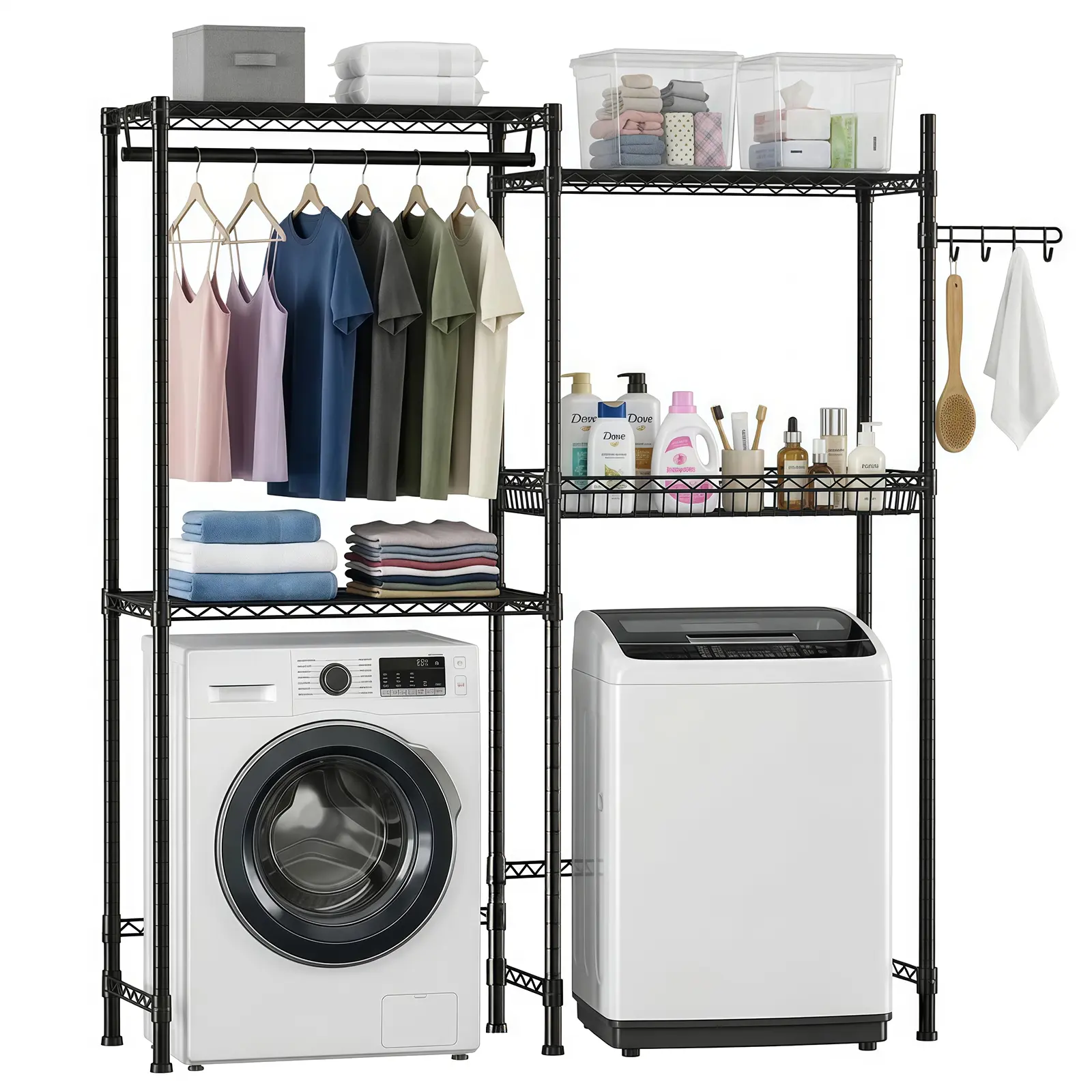 Black Adjustable 4-Tier Laundry Storage Rack for Washing Machine & Dryer Above, Stable Heavy-Duty Organizer with Wire Baskets, Swiveling Hooks, Space-Saving Home Supply
