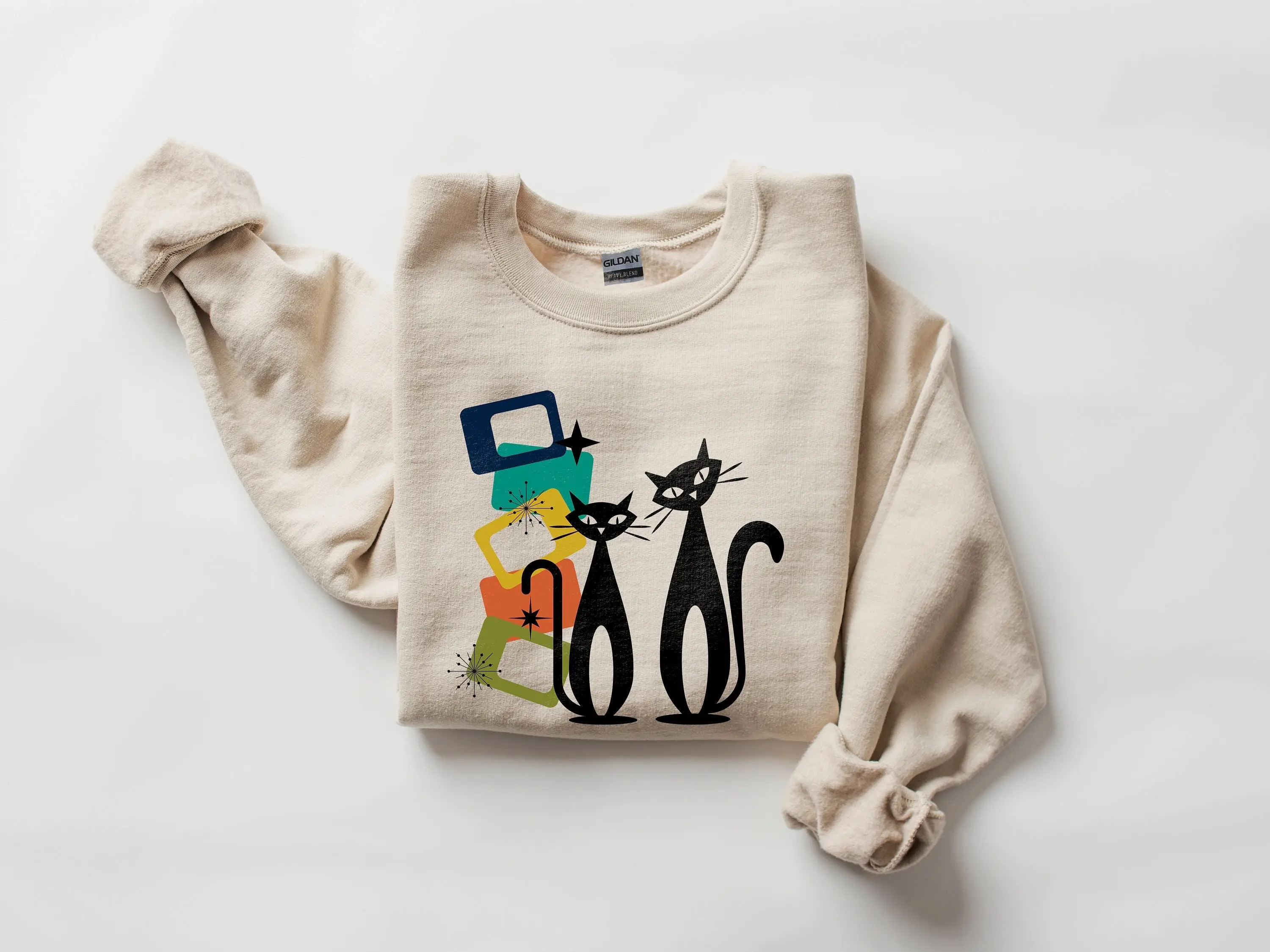 Mid Century Modern Cat Sweatshirt | Atomic Era Mod Kitties Shirt | Mid-Century Mod Cats 1950s Retro Sweater | Cute Kitty Gift Graphic Cotton Crewneck Sweater Womenswear Tops Women Lady