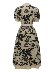 Beige 1940s Shirt-Collar Buttons Floral Printed Dress