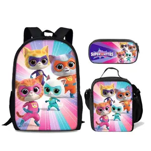 Super Kitties Elementary School Student Bag Three Piece Set Anime Cartoon Backpack Ice Bag Pen Bag
