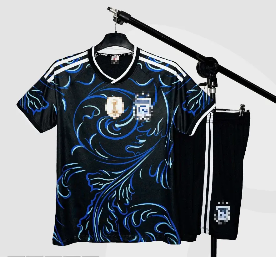 Black & Blue Graphic Swirl Soccer Set with Embroidered Patch – Men’s Athletic Kit