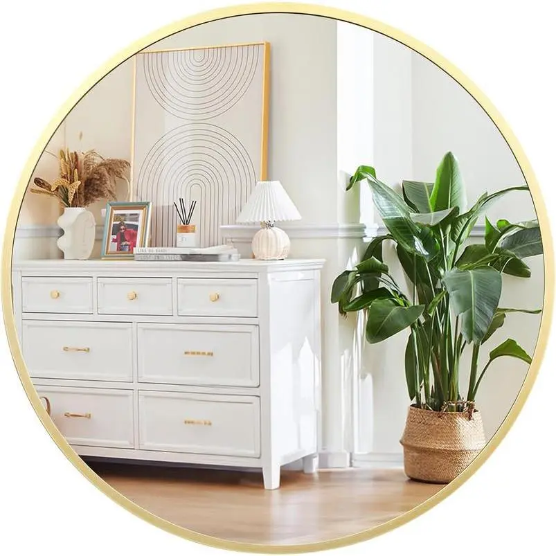 Round Mirror, 18 Inch Small Aluminum Alloy Frame Circle Mirror, High Definition Eco-Friendly Gold Round Bathroom Mirror for Over Sink, Wall Mirror for Entryway, Bathroom, Vanity Decor Metal Glass Hanging Installation Matte Reflection