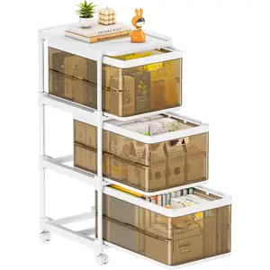 3 Drawer Storage Organzier - Plastic Drawer Stroage, Stackable Storage Drawers, Storage Bins with Wheels, Foldable Drawer Organizer, 20 Quart/Bin, Total 60 Qurat