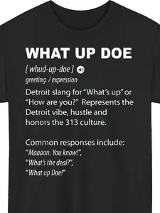 Funny What Up Doe Detroit 313 T-Shirt - 313 Number One Fan Design, Plus Size Short Sleeve Casual Tee with Detroit Phone Number Code (313), Durable Digital Print Shirt for Detroit Pride & City Culture Apparel 180g