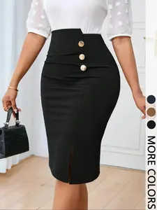 2026 Women's Commuting Minimalist Solid Color A-line Button Front Pencil Skirt Asymmetrical Button All-season Fashion Office Work