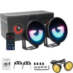DIBMS 2PCS LED Devil Eyes Light for Cars, 3" Multifunctional Round Programmable LED Eyes Lamp with Remote and Bluetooth APP Control, Colorful Soft Screen DIY Dynamic LED Eye Lights for Car Hotel School