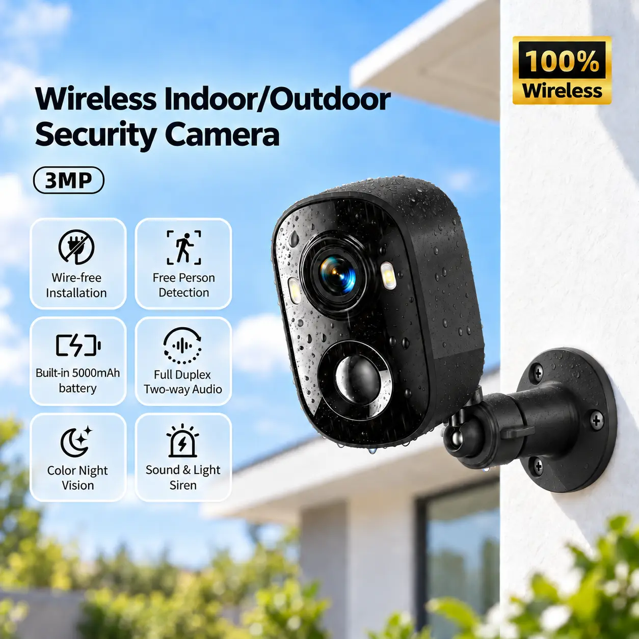 2K Wireless Outdoor Camera Security, 2.4G Wi-Fi, HD Video, Night Vision, Motion Sensor, Instant Alert, AI Human Detection, 2-Way Audio, Spotlight, Siren Alarm, Mount Compatible, Smart Home Integration