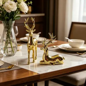 2-Piece Minimalist Standing Plastic Gold Deer Figurines, Luxury Electroplated Modern Home Decor Statues, Gift for Living Room, Office, Christmas Decor