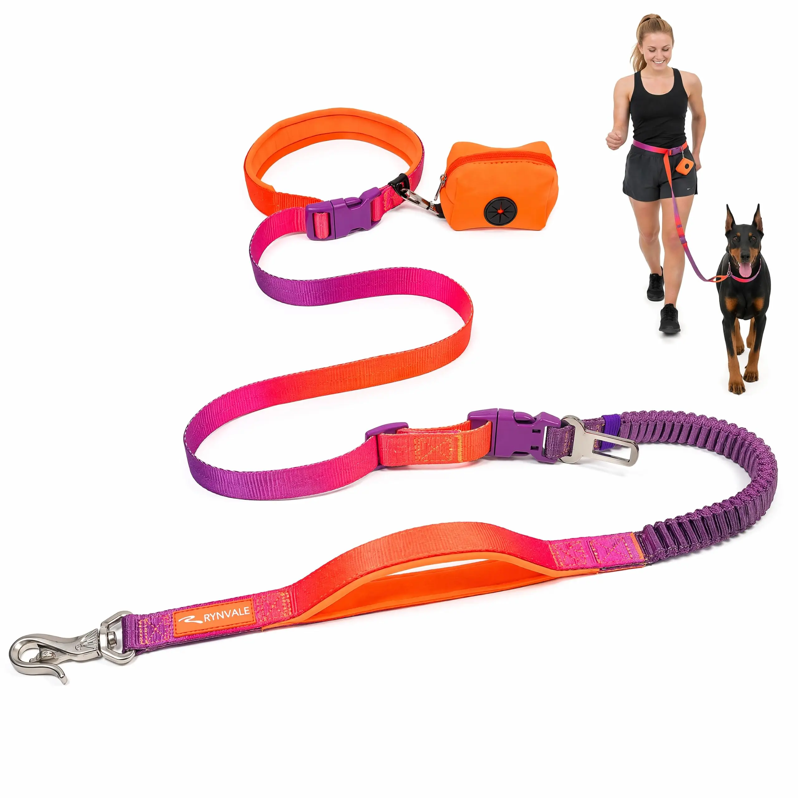 RYNVALE 6ft Hands Free Dog Leash for Large Dogs, around the Waist Dog Leash with Car Seatbelt Clip & Poop Bag, 220lb Running Belt for Dogs with Shock Absorbing Dual Padded Handles