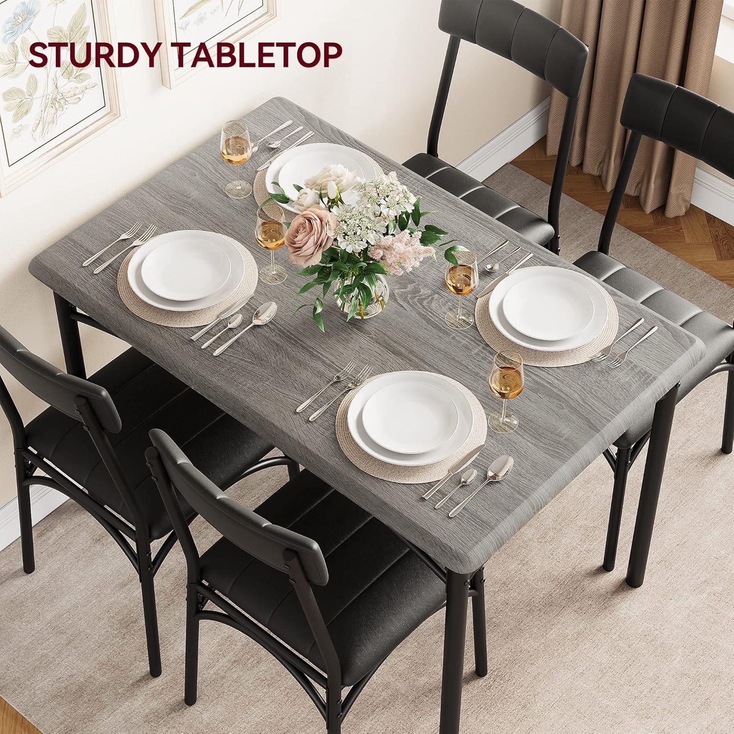 5-Piece Dining Table Set for 4, Modern Farmhouse Kitchen Table with 4 Upholstered Chairs, Space-Saving Dinette for Small Dining Room, Apartment, Breakfast Nook
