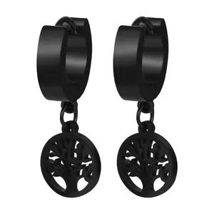 OIDEA 3 Pairs Tree of Life Huggie Hoop Earrings Set Stainless Steel Black Gold Silver Hoops for Men Women Hypoallergenic