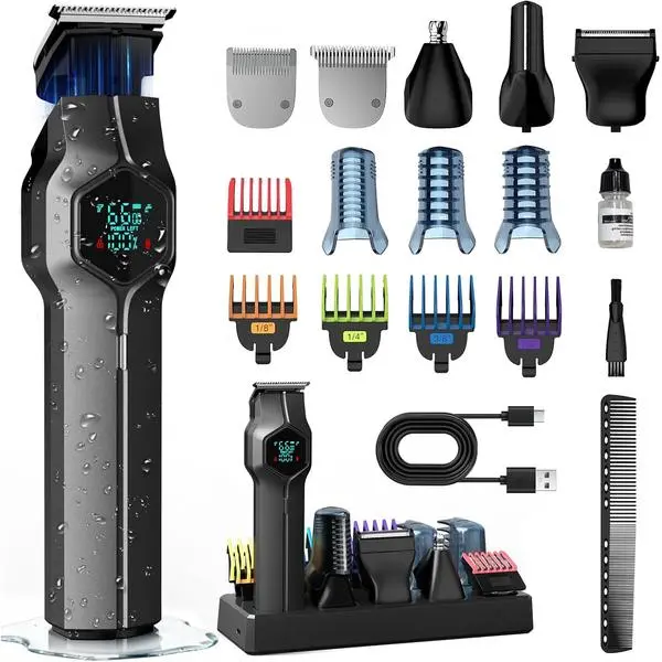 Trimmer for Men, Magnetic Snap-on Replacement Heads & Charging Dock, IPX7 Waterproof Cordless Hair Clippers, Mens Grooming Kits for Mustache/Body/Face/Ear/Nose, Gray