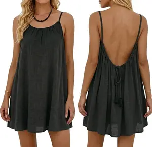 Women’s Solid Color Backless Spaghetti Strap Mini Dress, Loose Fit Pleated Cami Sundress, Lightweight Sleeveless Beach Vacation Dress for Summer