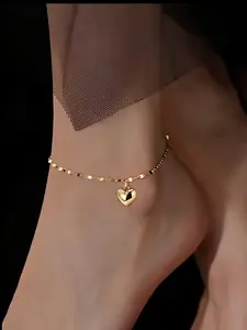 Elegant Alloy Ankle Chain with Heart Pendant, Women's Daily Foot Jewelry, Anklets, Fashion Accessory for All Seasons, Plain Style