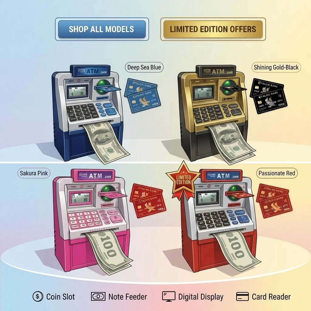 [add-ons]ATM piggy bank toy 2 cards inside, Digital Keypad with Automatic Bill Roller, Coin Storage, Kids Gift